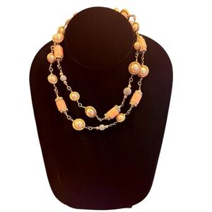 J Crew Blush Pink Bead Gold Tone Pave Rhinestones Faux Pearl 28” Necklace